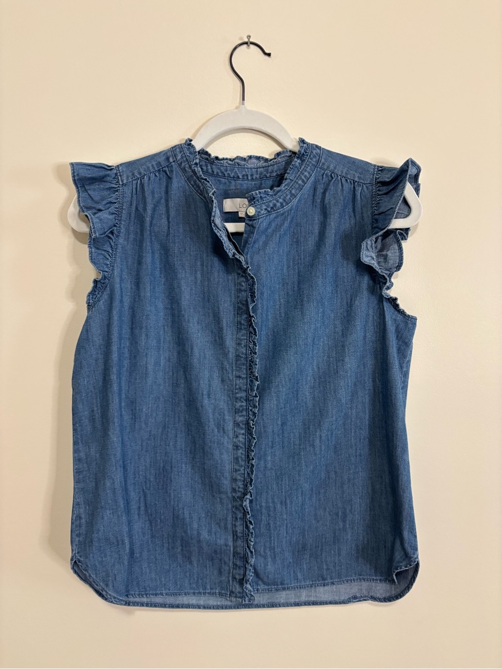 LOFT Ruffle-Sleeve Chambray Top in Blue - Picture 4 of 7